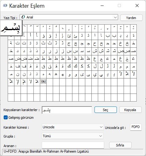 Karakter eşlem tablosu ile klavyede Arapça besmele yazısı